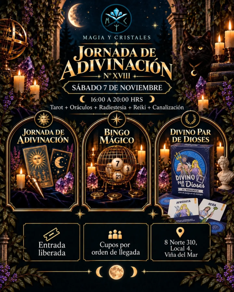 Afiche de la Jornada de Adivinación XVIII: sábado 7 de noviembre, de 16:00 a 20:00, en Magia y Cristales, Viña del Mar.